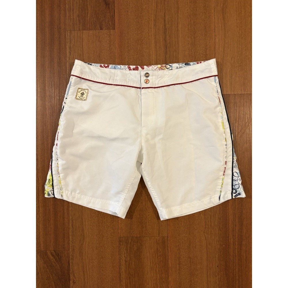 Hawaiian Tropic Men's White Board Shorts Swim Trunks Floral Trim Size L 34 Waist